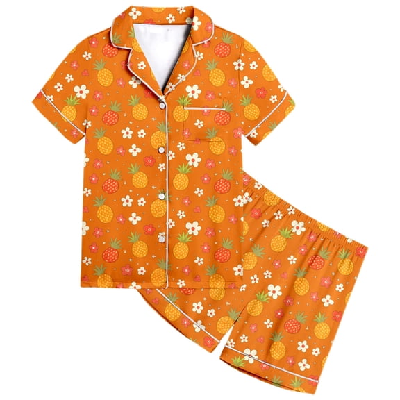 Kids Satin Pjs Fruit Print 2 Piece Short Sleeve Button Down Nightwear with Shorts Set Summer Fall Pajamas Cute Pjs for Girls 4-5 Years