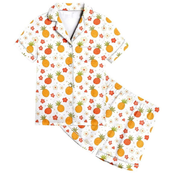 Kids Satin Pjs Fruit Print 2 Piece Short Sleeve Button-Down Shirts Shorts Set Kids Christmas Pjs Girls Silk Pajamas Size 4-5 Years