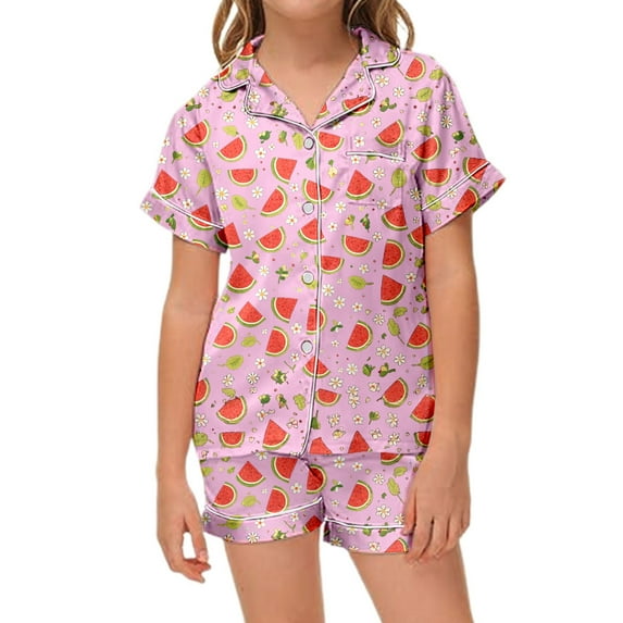 Kids Satin Pjs Fruit Print 2 Piece Short Sleeve Button Down Top Shorts Set Girls Summer Pjs Pjs for Girls Size 4-5 Years