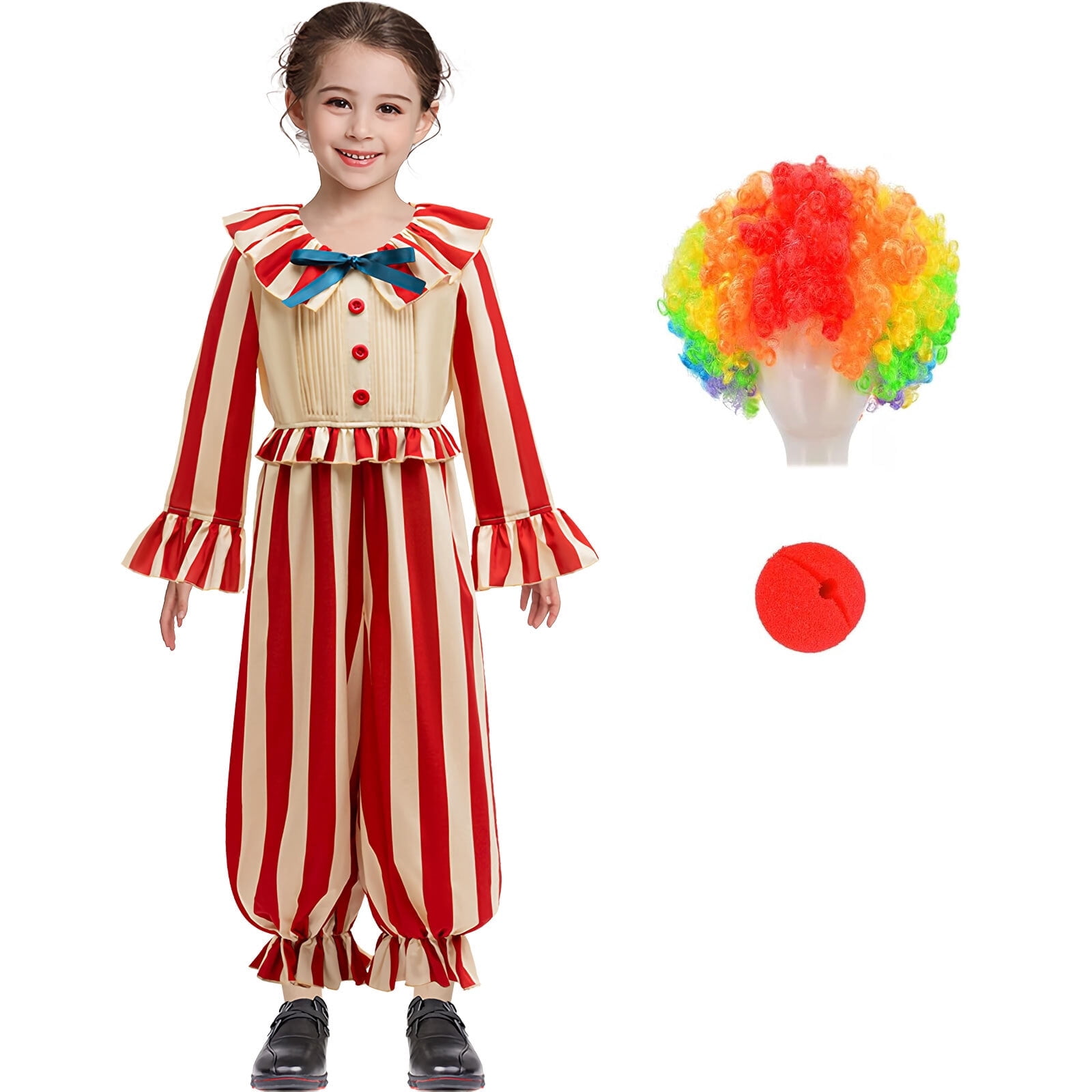 Kids Scary Clown Costume Halloween Jumpsuit Cosplay Outfit with Wig Red Nose, Size 3-4T