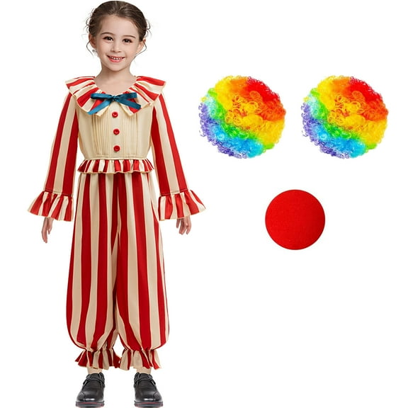 Kids Scary Clown Costume Halloween Jumpsuit Cosplay Outfit with Wig Red Nose, Size 8-9Y