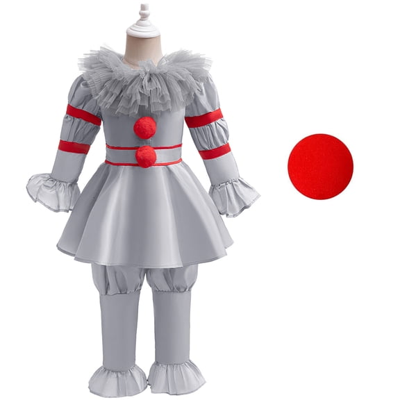 Kids Scary Clown Costume with Red Nose Boys Halloween Tops Pants Prop Outfit