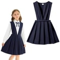 thumbnail image 1 of Kids School Dress V-neck Pleated Jumper Dress Sleeveless Blue Dresses School Uniforms for Girls 6-7 Years, 1 of 4