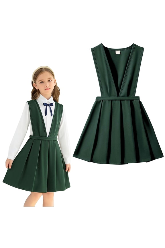 Kids School Dress V-neck Uniform Jumper Dress Sleeveless Green Dresses Girl Dresses 4-5 Years