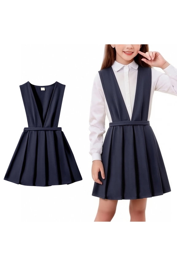 Kids School Uniform Dresses for Girls A-Line Pleated Hem Knee Length Sleeveless Blue Jumper for Girls Uniform Boys Back To School Clothes Kids School Uniform for Girls 8-9 Years
