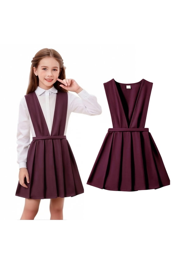 Kids School Uniform Dresses for Girls A-Line Pleated Hem Knee Length Sleeveless Red Dress for Girls Uniform Back To School Clothes Kids School Uniforms for Girls 6-7 Years