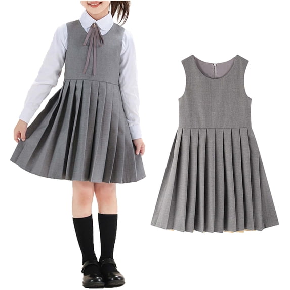 Kids School Uniform Dresses for Girls Pleated Knee Length Sleeveless Grey Uniform Dresses for Girls Back To School Outfits Kids Girl School Uniform 6-7 Years