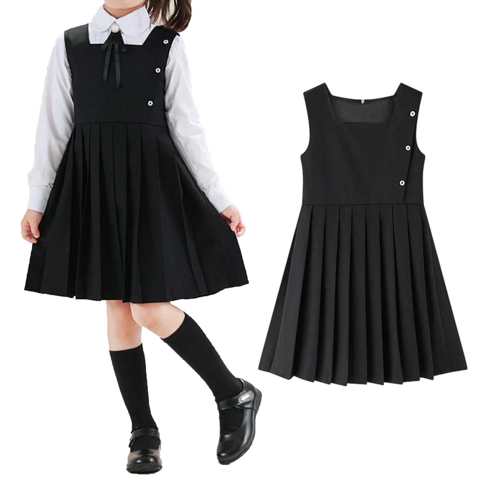 Kids School Uniform Dresses For Girls Sleeveless Pull On Pleated Black 