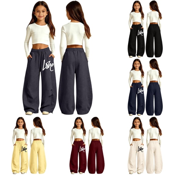 Kids School Uniform For Girls Pants Leg Elastic High Waisted Grey Trendy Sweatpants With Functional Pockets Girls Size 8-9 Years Outdoor Clothes