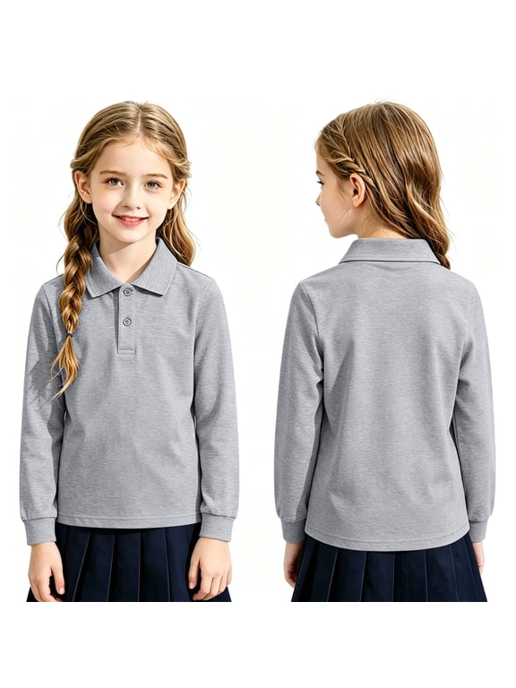 Kids School Uniform Long Sleeve Polo Shirts Girls String Pique Uniform Shirts Fall Color Block Button Up Tee Tops For Boys And Girls
