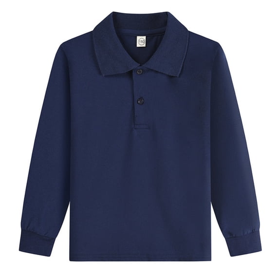 Kids School Uniform Polo Shirts Long Sleeve Boys Girls Collared Tops Cotton Soft Stretch Fall Winter Back to School Outfit,8-9Y,Navy