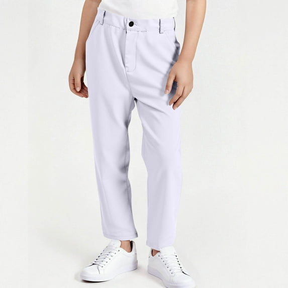 Kids School Uniforms for Girls Pants New Boys Dress Pants Solid Color Button Athletic Casual Trouser Stretch School Uniform Pant with Pockets White 9-10 Years