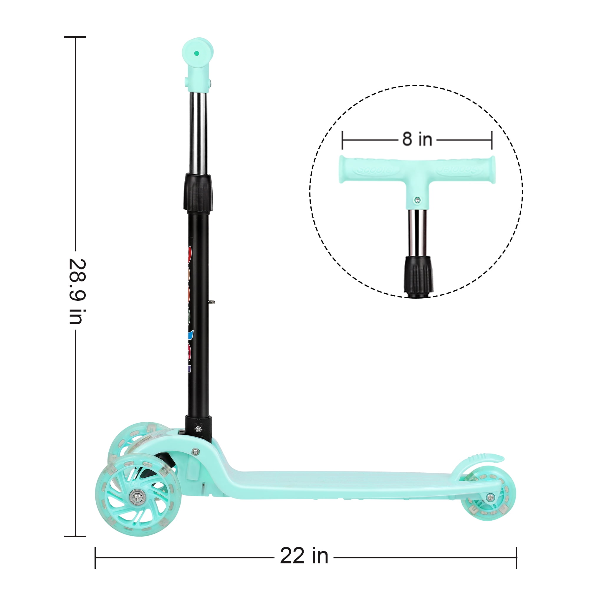 Kids Scooter 3 Wheel, Adjustable PU Flashing Green