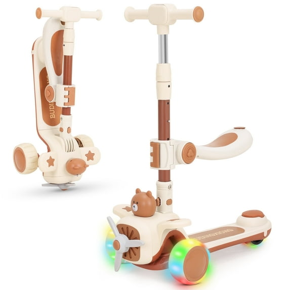 YLSHRF 3 Wheel Kids Kick Scooter with Seat for Boys Girls Ages 1-5, Adjustable Height, LED Lighted Wheels Scooter, Brown