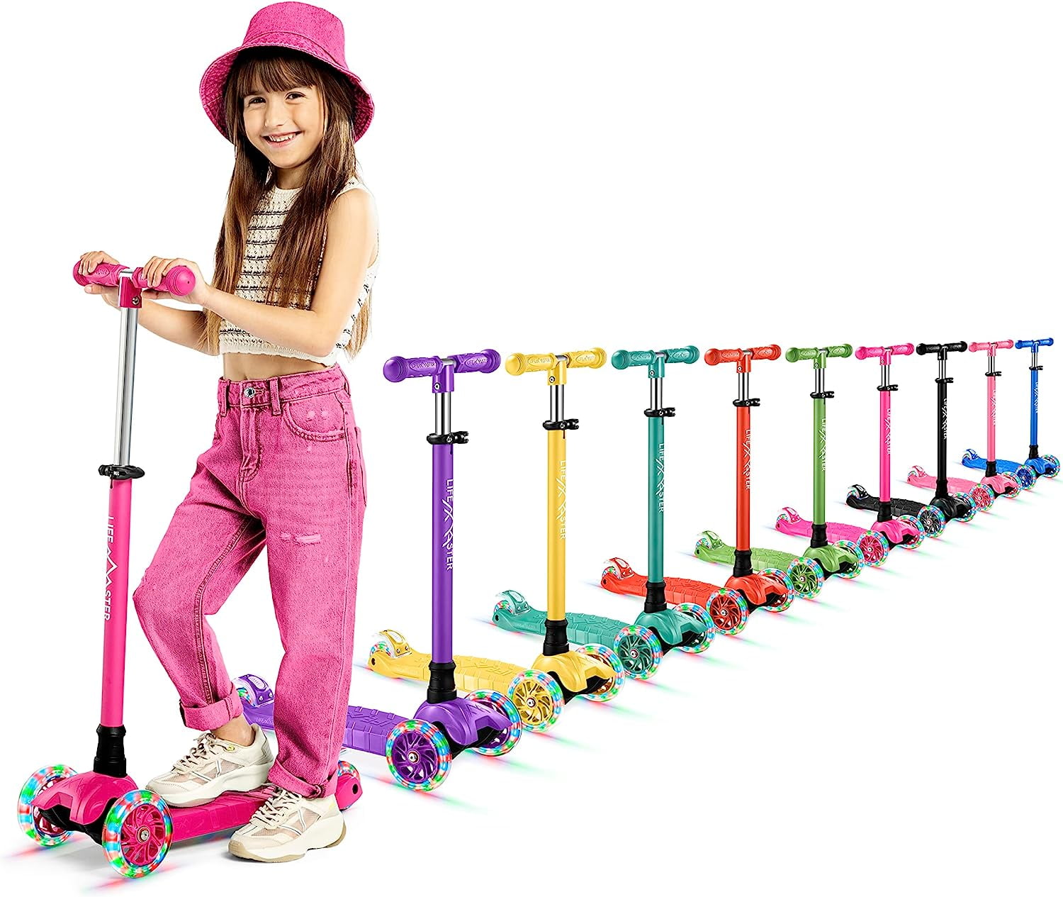 Pink Adjustable 3-Wheel Kids Kick Scooter with LED Lights