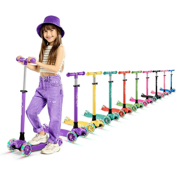 Lifemaster Mini 3-Wheel Kids Scooter with Multi-Color Wheel Lights – 4-Height Adjustable Handlebar, Wide Anti-Slip Deck, Child Safety Certified, Boys & Girls Ages 2+ Supports Up to 110 lbs