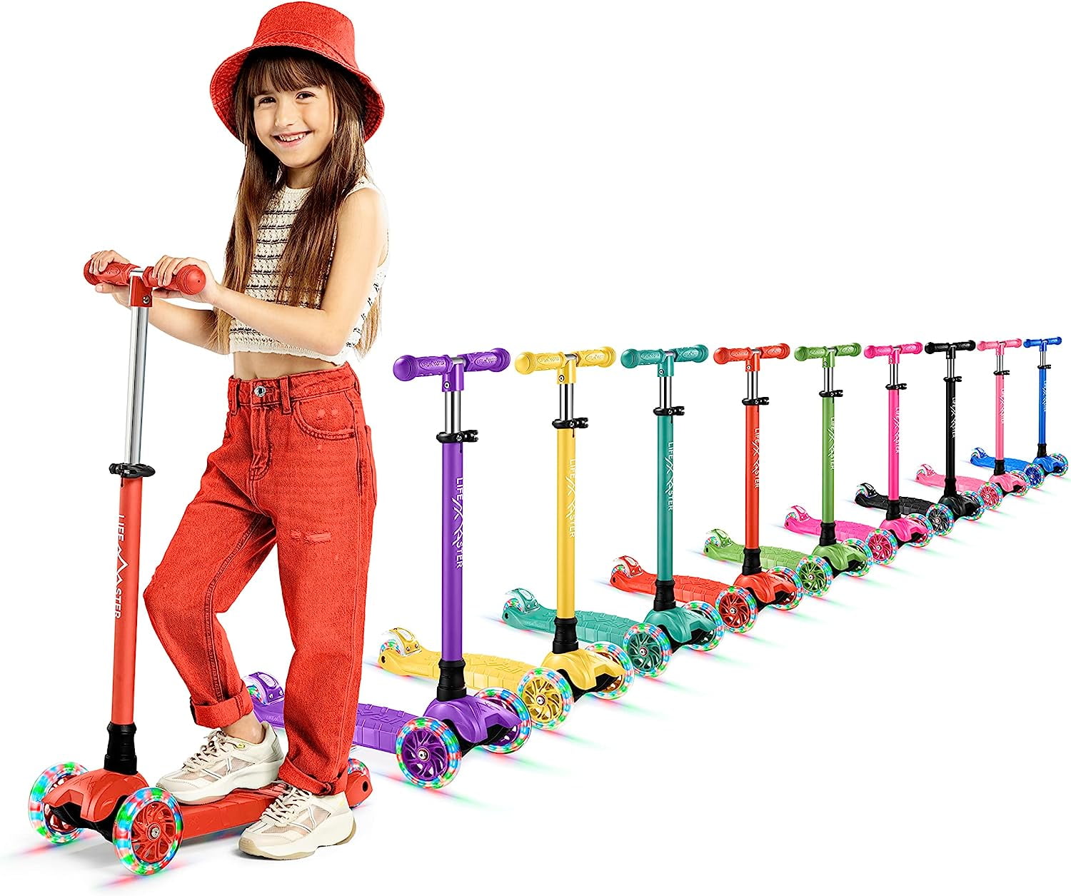 Lifemaster Mini 3-Wheel Kids Scooter with Multi-Color Wheel Lights – 4-Height Adjustable Handlebar, Wide Anti-Slip Deck, Child Safety Certified, Boys & Girls Ages 2+ Supports Up to 110 lbs