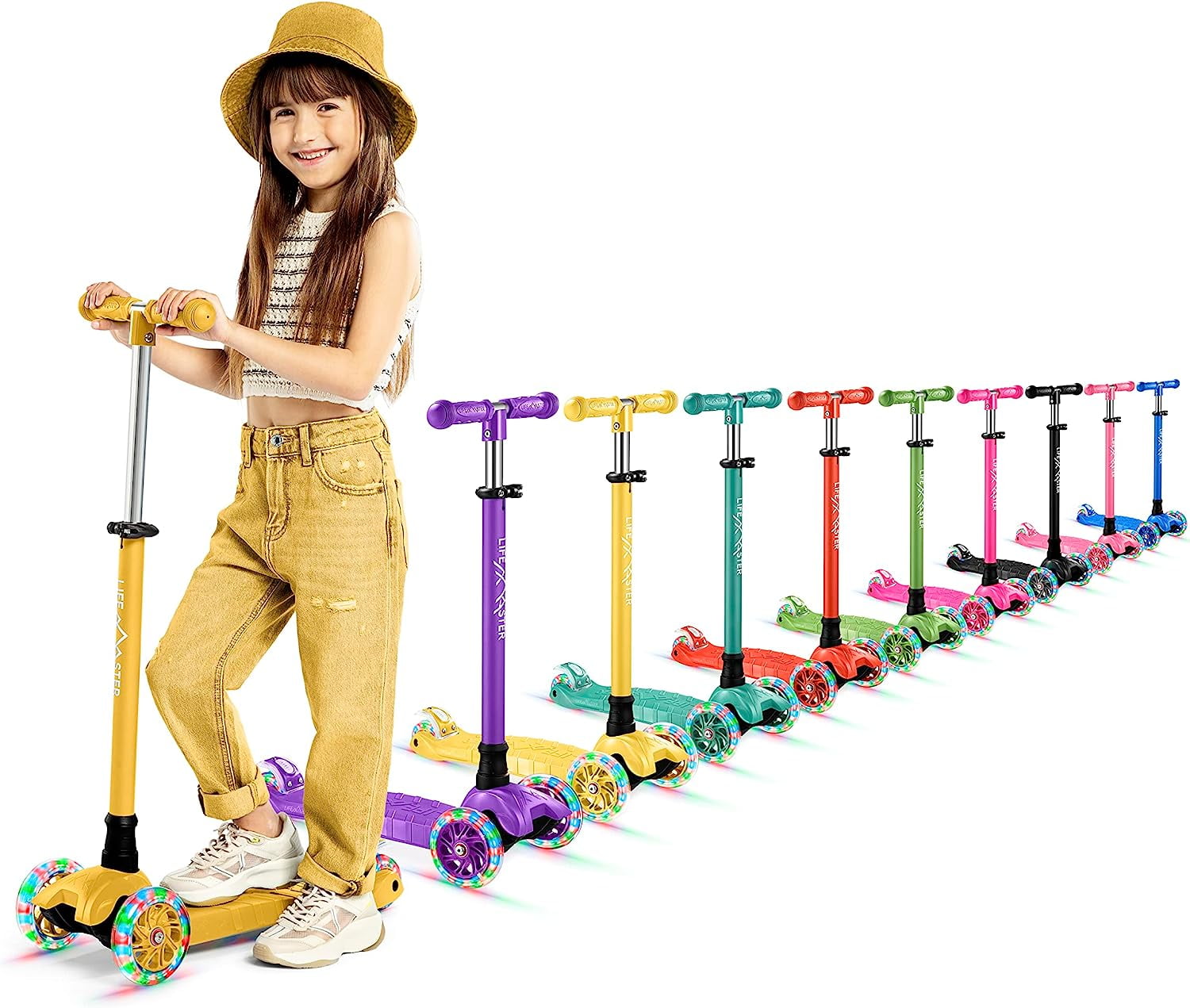 Lifemaster Mini 3-Wheel Kids Scooter with Multi-Color Wheel Lights – 4-Height Adjustable Handlebar, Wide Anti-Slip Deck, Child Safety Certified, Boys & Girls Ages 2+ Supports Up to 110 lbs