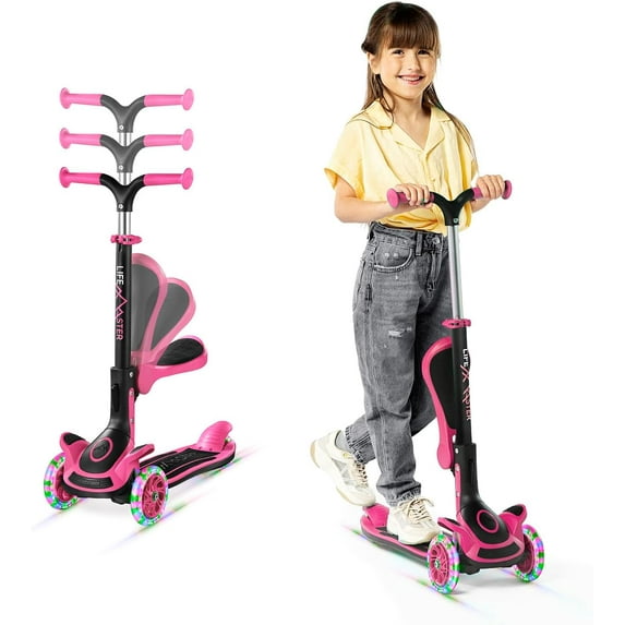 Kids Scooter – Foldable Seat – LED Wheel Lights Illuminate When Rolling – Children and Toddler 3 Wheel Kick Scooter – Adjustable Handlebar – Indoor and Outdoor- Pink - by Lifemaster