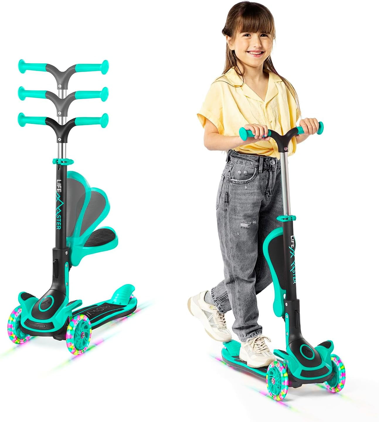 Kids Scooter – Foldable Seat – LED Wheel Lights Illuminate When Rolling – Children and Toddler 3 Wheel Kick Scooter – Adjustable Handlebar – Indoor and Outdoor- Teal - by Lifemaster