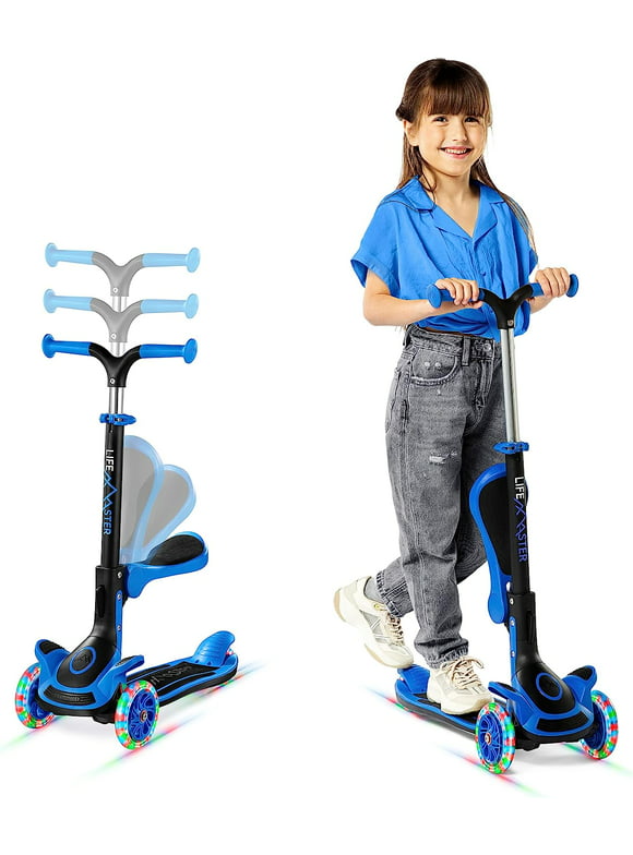 Kids Scooter – Foldable Seat – LED Wheel Lights Illuminate When Rolling – Children and Toddler 3 Wheel Kick Scooter – Adjustable Handlebar – Indoor and Outdoor- Blue - by Lifemaster