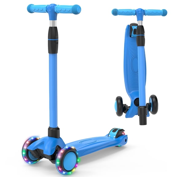 Eotvia Kids Scooter with LED Lighted Wheels, 3 Adjustable Height Handlebars, Lean-to-Steer & Widen Anti-Slip Deck, Foldable Scooters for Kids, Purple