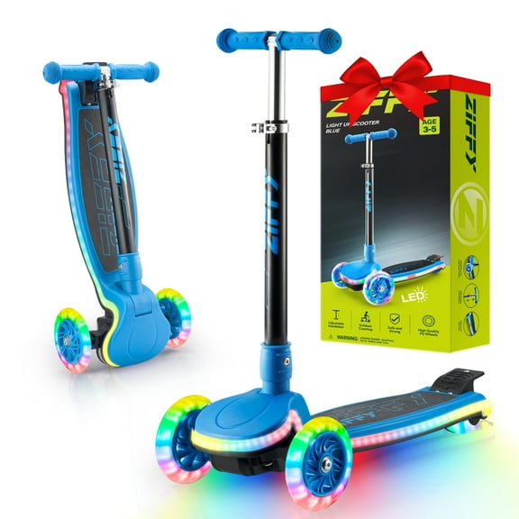 ZIFFY 3-Wheel Light-Up Kids Scooter for Kids 3-5,  Stability - Up to 110LBS,  4 Adjustable Height, Anti-Slip Wide Deck Ride with 20 Dynamic LED Lights for Boys and Girls, Blue
