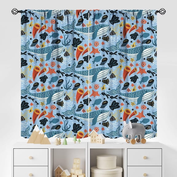 Kids Sea Animal Curtains for Boys Girls Bedroom Nursery Decor Funny Whale Ocean Art Printed Blackout Window Drapes Fabric Set 2 Panel 42x54 Inch 80% Shading Rate