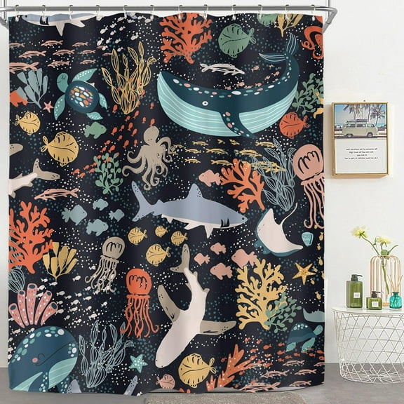 Kids Sea Animal Shower Curtain for Bathroom Decor 72Wx72H Funny Shark Fish Cartoon Fun Underwater Blue Ocean Turtle Whale Nature Art Printed Fabric Polyester Waterproof 12 Pack Plastic Hooks