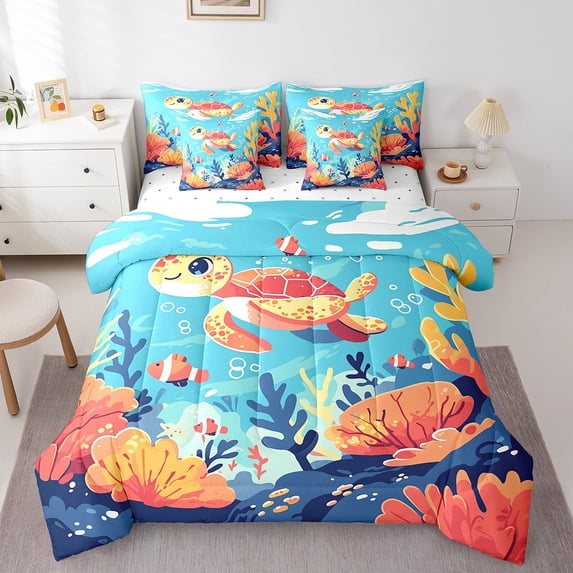 Sea Turtle Bedding Comforter Sets 7pcs Cute Cartoon Animal Bed in a Bag Ocean Sea Fish Full Bedding Sets Pink Navy Coral Comforter Set Funny Underwater World Bedding Sets