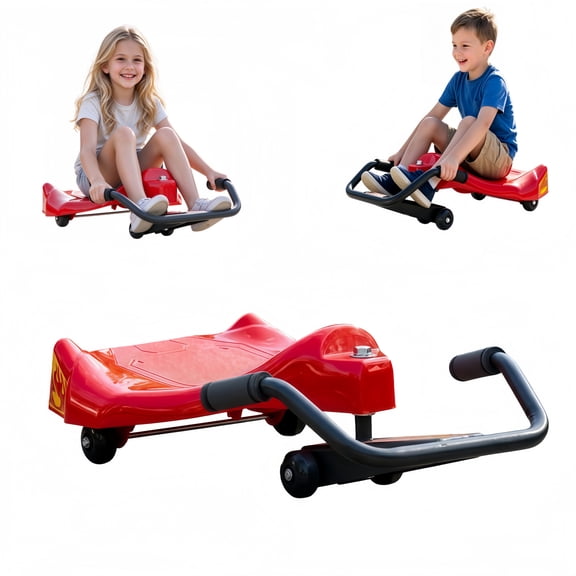 Kids Seated Drift Scooter with Hand Grips and Low Seat, Red, Plastic, for Outdoor Riding
