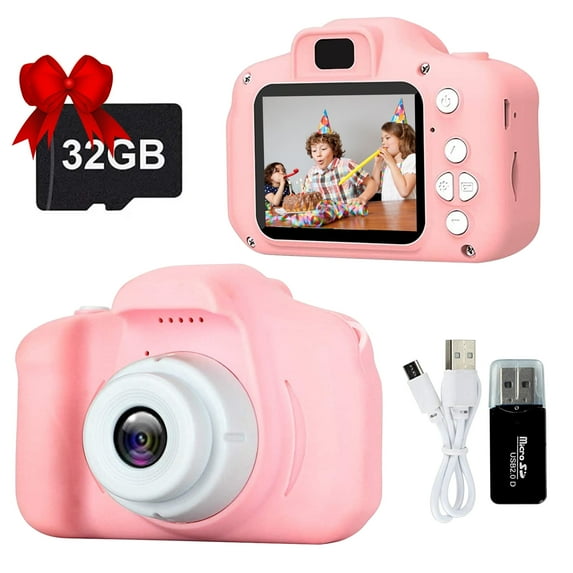Kids Selfie Camera, 1080P HD Video Camcorder, Charming Christmas Birthday Gift for Boys 3-10, Portable Game Toy with 32G SD Card (Pink)