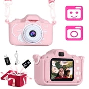 Kids Selfie Camera, Christmas Birthday Gifts for Boys Girls Age 3-10, 20MP Digital Cat Kitty Cameras for Toddler Children Toy with 32GB SD Card Pink