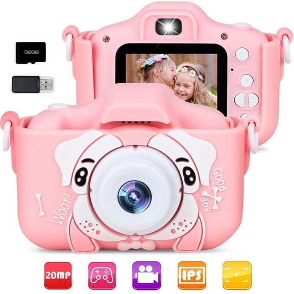 Kids Selfie Camera, Kids Toys for Girls Age 3-12, Children Digital Cameras 1080P 2.0 Inch Toddler Video Best Birthday Christmas Gift, 32GB SD Card, 20MP Dual Cameras, Pink