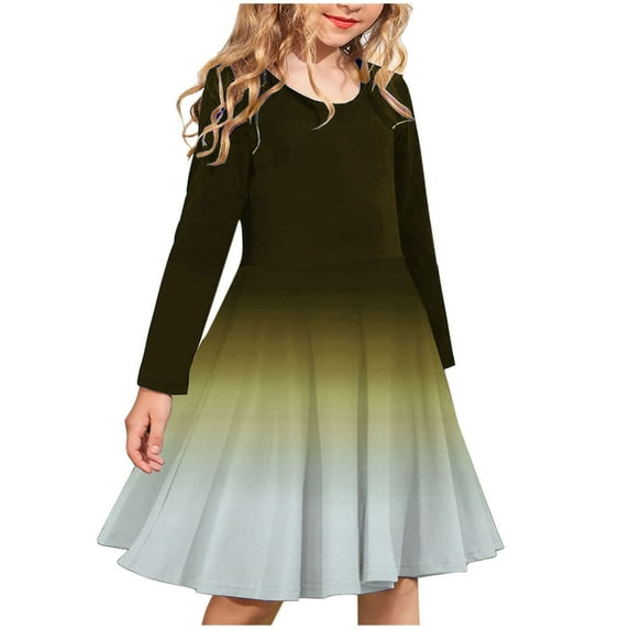 Kids Semi Formal Dresses Girls Long Sleeve Stretchy Dress a Line Twirly Skater School Recital Dress Long Sleeve Round Neck Dress Kids Sweatshirt Dress Yellow 9Y