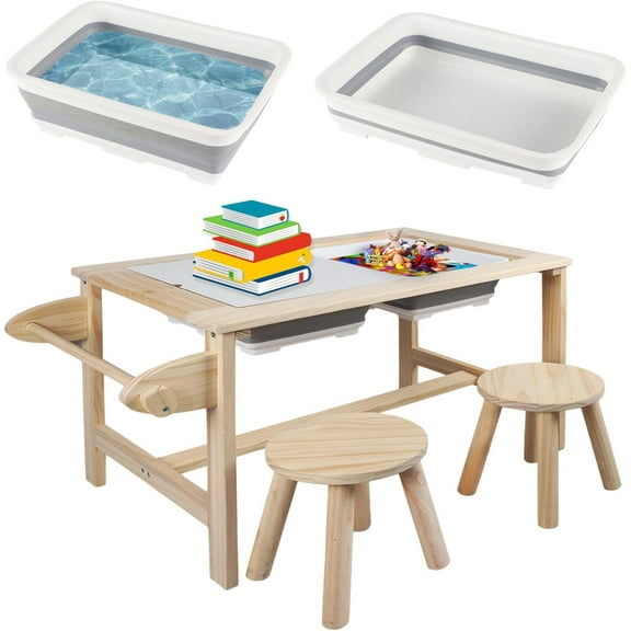Kids Sensory Bins Table with 2 Stool, Multifunctional Children Interactive Activity Wooden Table Set for 1-3 Years, Drawing Table Play Sand & Water Table with Storage Bins Lid