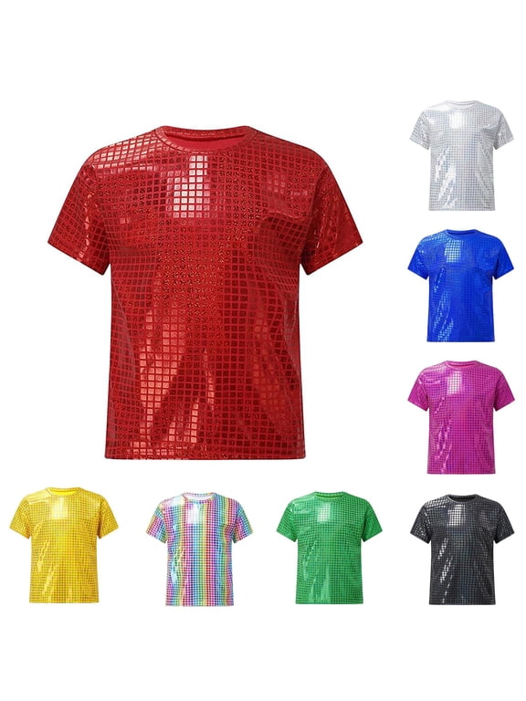 Kids Sequin Checkered Graphic T-Shirt - Square Sparkly Short Sleeve Top for Performance Dance Casual Wear (2-19 Years)