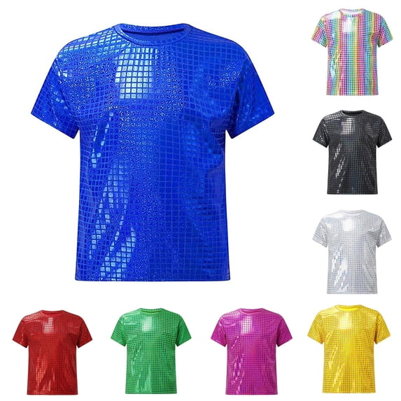 Kids Sequin Checkered Graphic T-Shirt - Square Sparkly Short Sleeve Top for Performance Dance Casual Wear (2-19 Years)