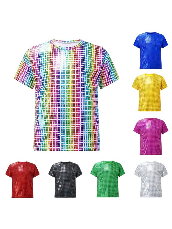 Kids Sequin Checkered Graphic T-Shirt - Square Sparkly Short Sleeve Top for Performance Dance Casual Wear (2-19 Years)