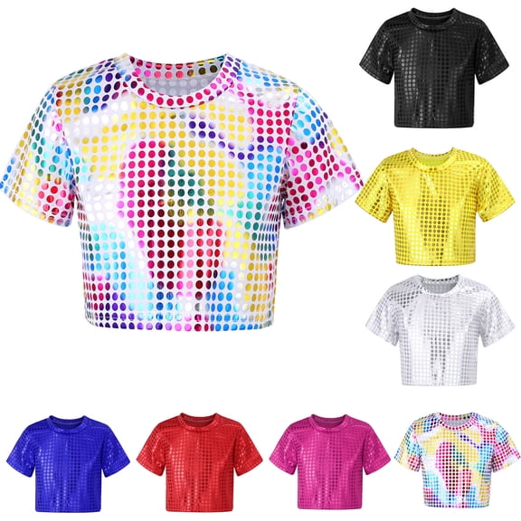 Kids Sequin Crop Top Short Sleeve Shiny Glitter Party Dance Top For Girls Boys Crewneck Tee Festival Disco Performance Top Valentines Day Carnival Graduation Outfit 1–16Y Pink,180=14-16Y