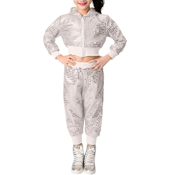 Kids Sequin Long Sleeve Performance Outfit for 1-8 Years, Solid Color Two-Piece Set, Casual Wear for Parties and Daily Activities Silver 6 Years