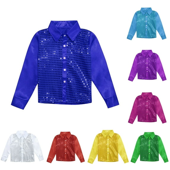 Kids Sequin Long Sleeve Shirt Sparkly Button Down Dance Top For Boys Girls Jazz Hop Stage Performance Valentines Carnival Graduation Party Outfit Vacation Casual Shirts 3â14Y Blue,130=7-8Y