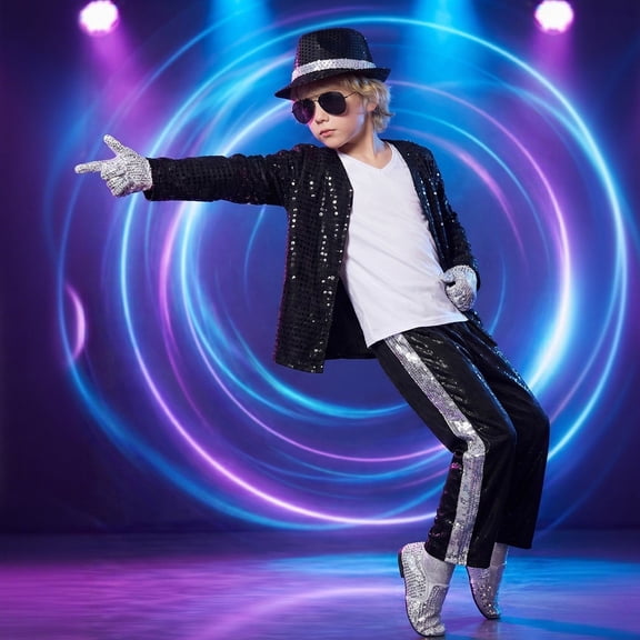 Kids Sequin Star Dance Outfit Sets Boys Girls Retro 80s 90s Disco Set Party Outfits Shirt with Jacket, Pants, Hat Sweatsuits for Boys