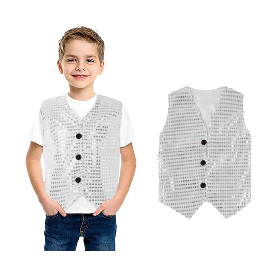 Kids Sequin Vest Glittery Sequin Sleeveless Button Jacket Silver Vest Boys Party Carnival Gown Vest Top Size 4-5 Years