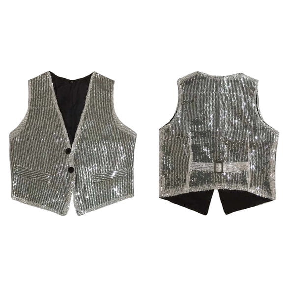 Kids Sequin Vest Kids Boys Sleeveless Silver Vest Shiny Dance Vest Hop Jazz Modern Dance Party Stage Performance Jacket Vest 7-8 Years