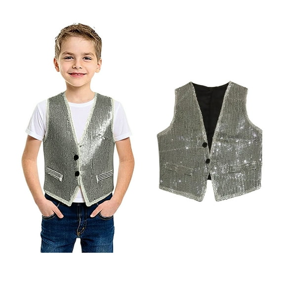 Kids Sequin Vest Kids Boys Sleeveless Silver Vest Shiny Vest Kids Jazz Hip Hop Disco Party Party Stage Performance Jacket Vest 6-10 Years