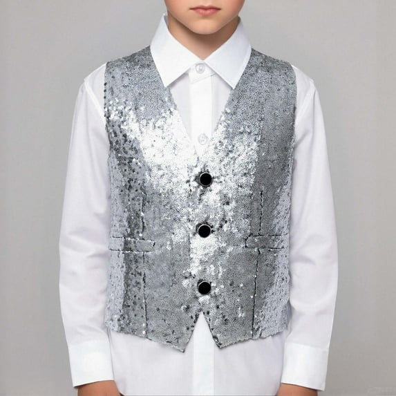 Kids Sequin Vest Kids Boys Sleeveless V Neckline SilverVest Shiny Dance Vest Hop Jazz Modern Dance Stage Performance Vest Waistcoat 9-10 Years