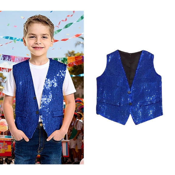 Kids Sequin Vest Kids Girls Boys Sleeveless Blue Vest Sparkly Vest Jazz Hip Hop Disco Party Waistcoat Stage Performance Wear 3-5 Years