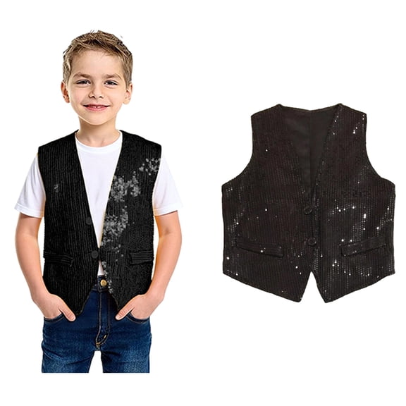 Kids Sequin Vest Kids Girls Boys Sleeveless V Neckline BlackVest Shiny Dance Vest Hip Hop Jazz Dance Party Performance Party 6-10 Years