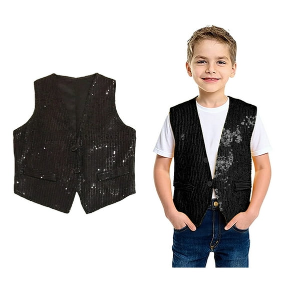 Kids Sequin Vest Kids Sleeveless Black Vest Sparkly Vest Hop Jazz Modern Dance Dance Performance 6-10 Years